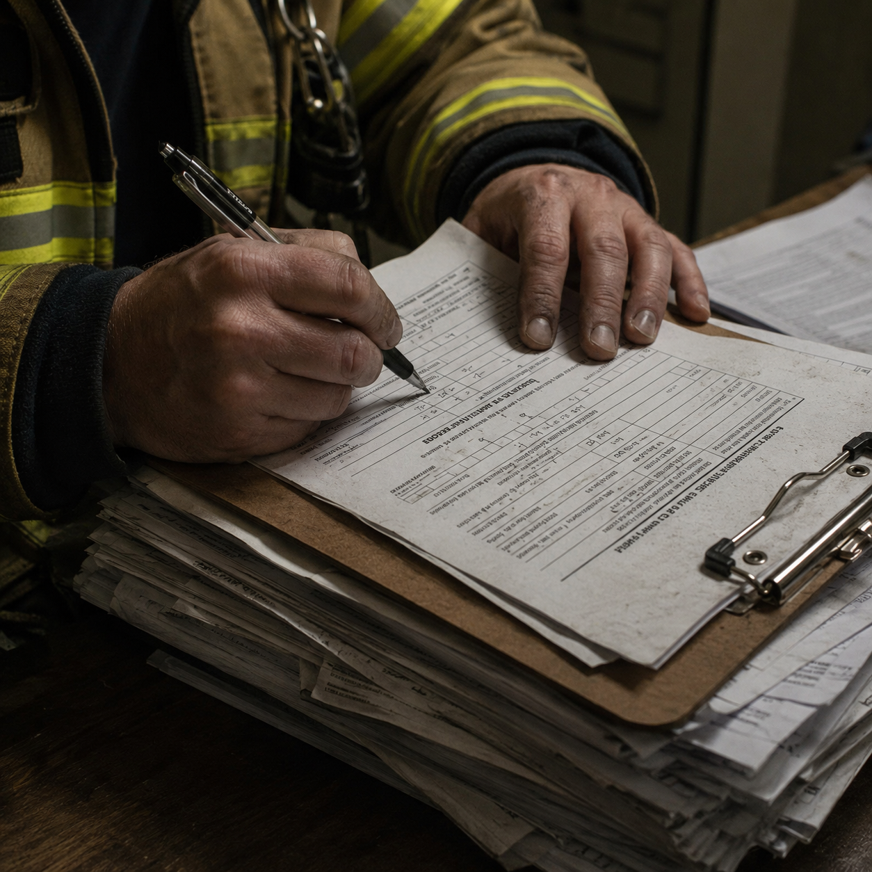 Firefighter filling paper forms